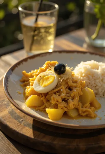 Ají de Gallina servito con cipolla, uova fresche e scaglie di mandorle