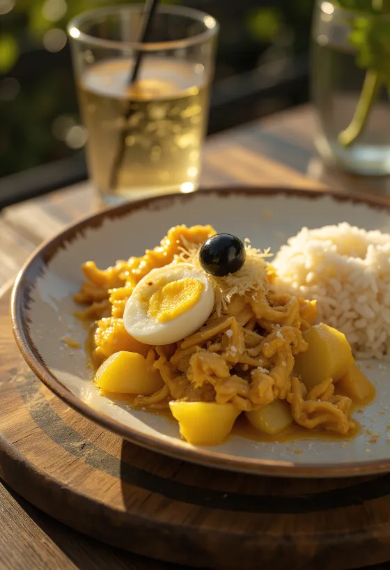 Ají de Gallina servito con cipolla, uova fresche e scaglie di mandorle