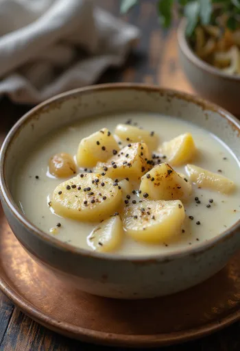 Cullen skink servita come zuppa cremosa, con pezzi di merluzzo, patate e sedano