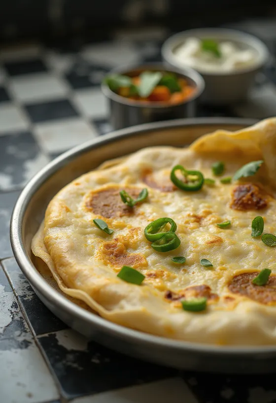 Curd dosa fresca, cotta croccante, servita con yogurt