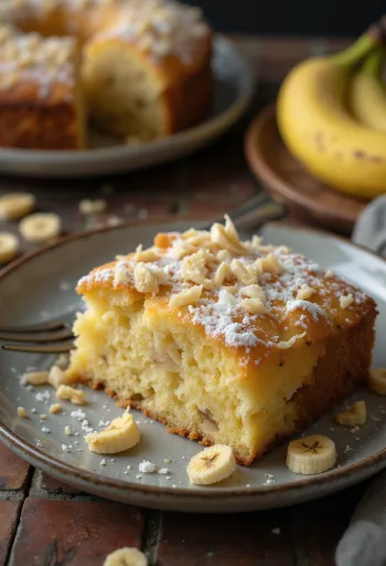 Torta alla banana e cocco spolverata di zucchero a velo e decorata con cocco