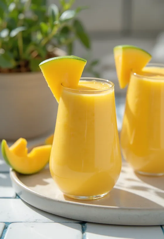 Smoothie al mango in bicchiere alto, decorato con fette di mango