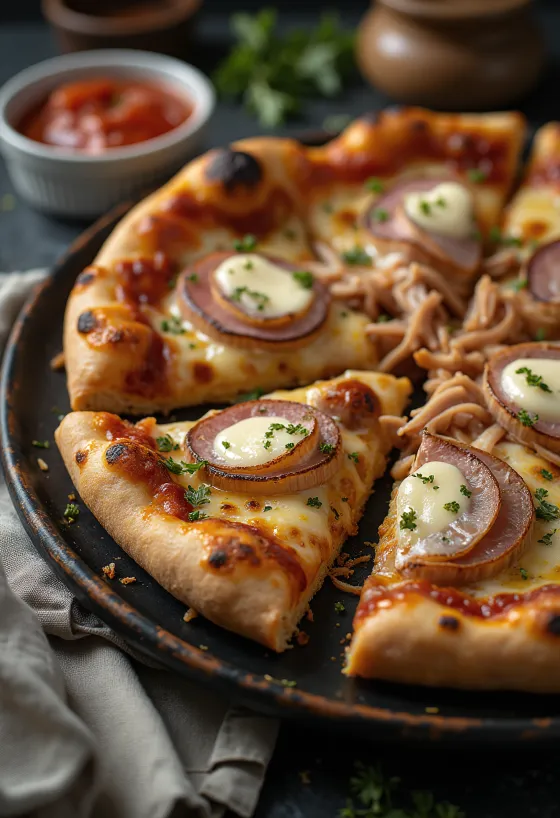 Pizza con maiale sfilacciato e cipolla