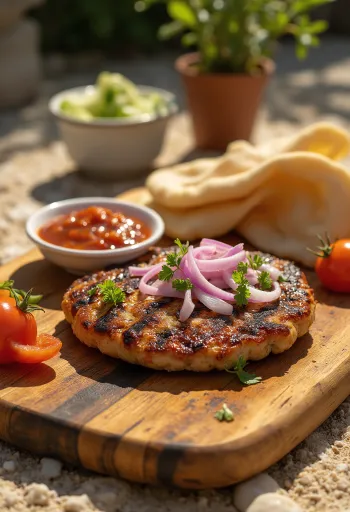 Pljeskavica, polpetta serba con ajvar e patate fritte