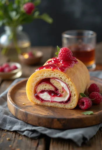 Bolo de rolo al liquore, con salsa di lamponi, decorato con zucchero a velo