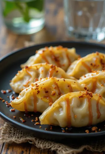 Cheese Gyoza servito ripieno di formaggio fuso, con salsa di soia