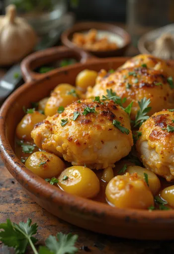 Pollo al Ajillo, pollo all'aglio spagnolo servito con salsa al vino bianco