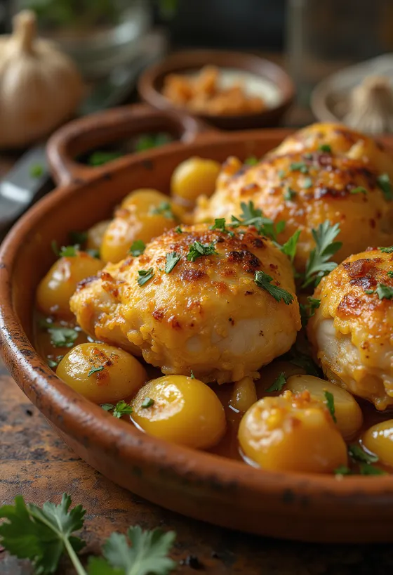 Pollo al Ajillo, pollo all'aglio spagnolo servito con salsa al vino bianco