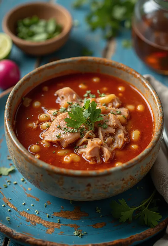 Pozole servito con lime, coriandolo e cipollotto fresco