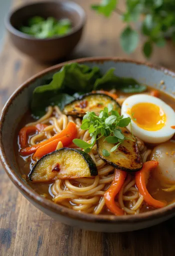 Ciotola di Ramen con verdure arrosto, noodles e topping