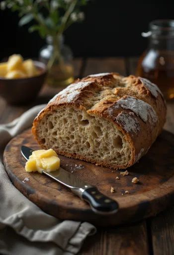 Ruisleipä tondo con lievito madre e crosta rustica, infarinato, su superficie di legno