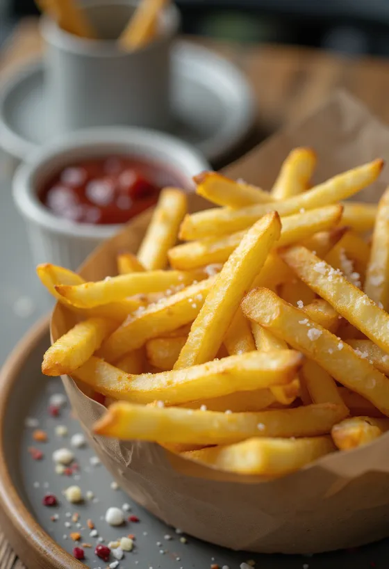 Patatine fritte dorate cotte croccanti e cosparse di erbe fresche.