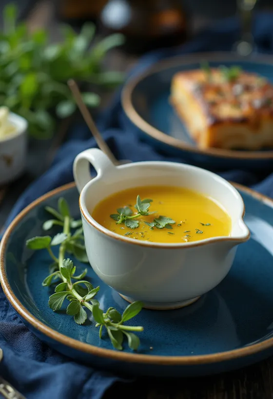 Salsa al burro con dragoncello e miele servita in una salsiera