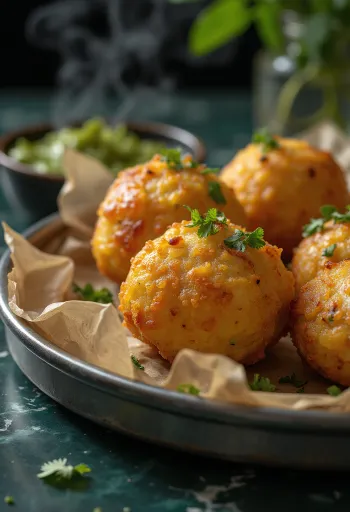 Polpette di patate indiane rotonde e dorate, appena fritte