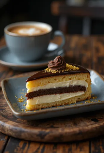 Torta Opera francese con strati di ganache al cioccolato e aroma di espresso