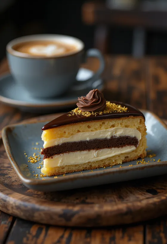 Torta Opera francese con strati di ganache al cioccolato e aroma di espresso