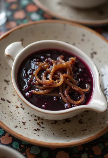 Salsa di cipolle al vino rosso servita