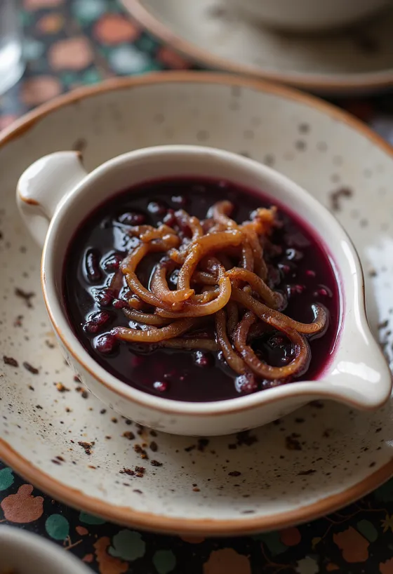 Salsa di cipolle al vino rosso servita