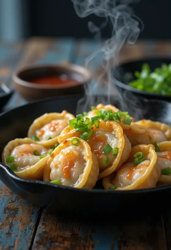 Gyoza ai gamberi cotti croccanti serviti