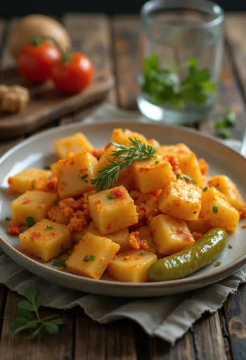 Pasta e patate servita con cipolla rosolata e paprika rossa