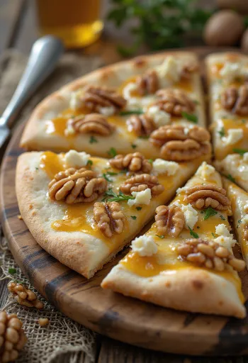 Pizza alle noci con condimento di noci e gorgonzola