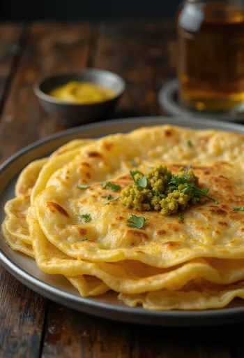 Rava dosa fresca, cotta croccante, servita con ripieno speziato e cocco grattugiato