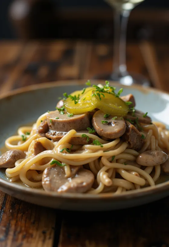 Manzo alla Stroganoff servito con salsa vellutata alla panna acida
