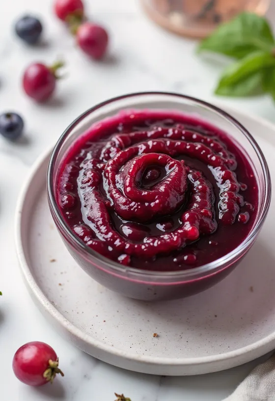 Salsa alla rosa canina e vino rosso in una ciotola, decorata con rosmarino fresco