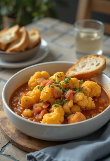 Pörkölt di cavolfiore speziato in base succosa di pomodoro, spolverato con prezzemolo fresco.