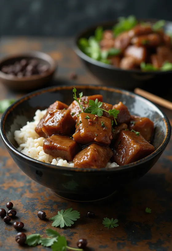 Pork adobo servito con riso al vapore