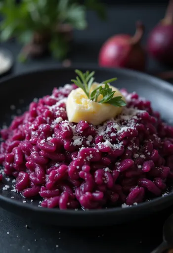 Risotto alla barbabietola, servito con parmigiano e erbe fresche