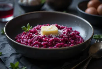 Risotto alla barbabietola, servito con parmigiano e erbe fresche