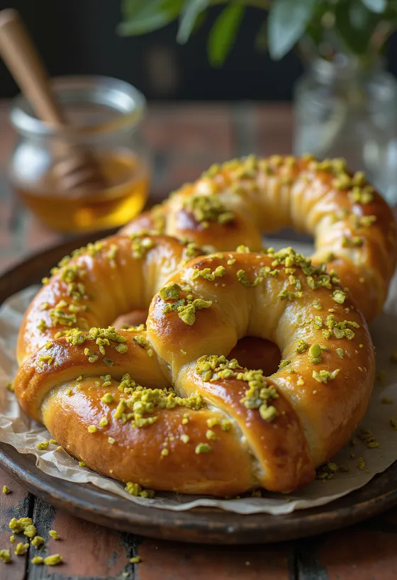 Bretzel croccanti al miele e pistacchio serviti