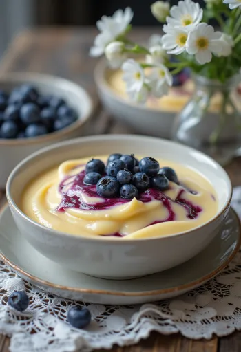 Salsa alla vaniglia e mirtilli servita