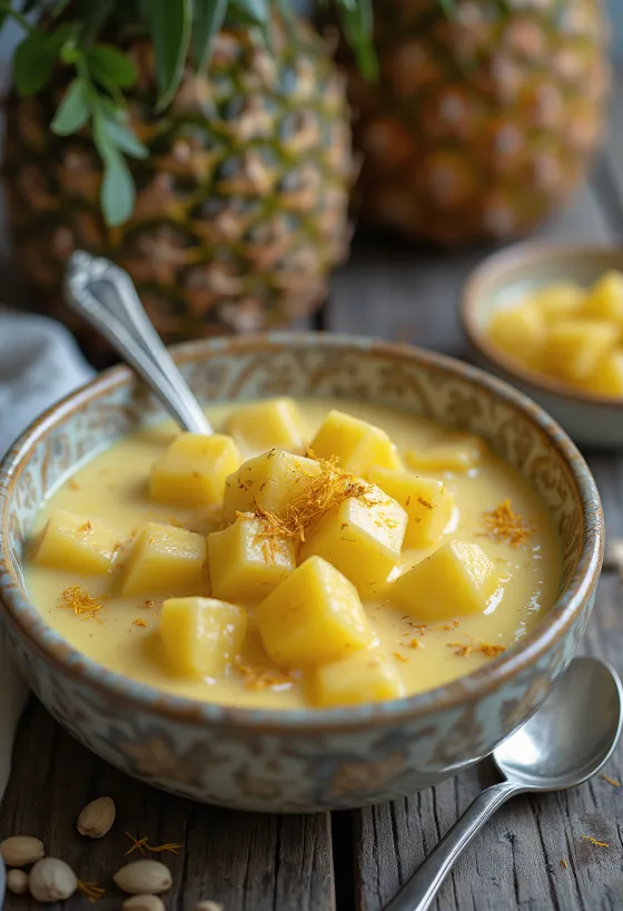 Basundi all'ananas, ricca crema di latte e pezzetti di ananas fresco