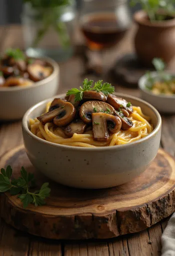 Salsa ai funghi e aceto balsamico servita con pasta
