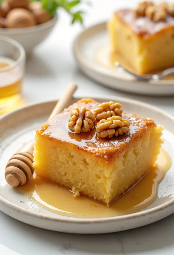 Torta greca alle noci e miele decorata con gherigli di noce e glassa al miele