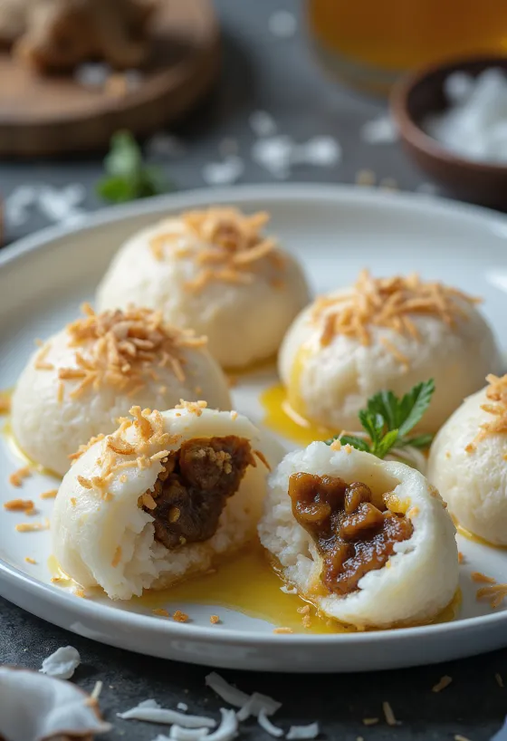 Idli dolci ripieni, serviti con ripieno di cocco e zucchero