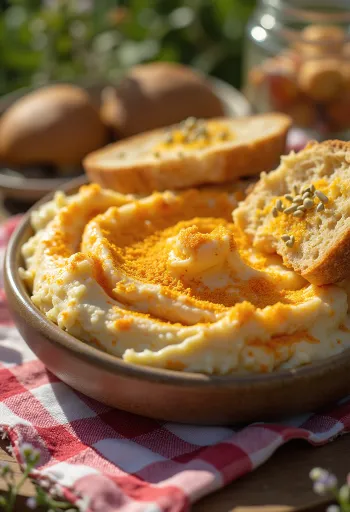 Körözött servito con verdure fresche e spalmato su pane tostato