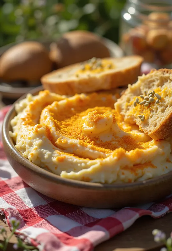 Körözött servito con verdure fresche e spalmato su pane tostato