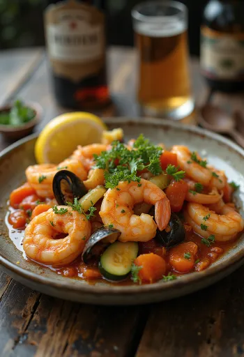 Tajine classico ai frutti di mare, servito con ricche verdure e spezie fresche