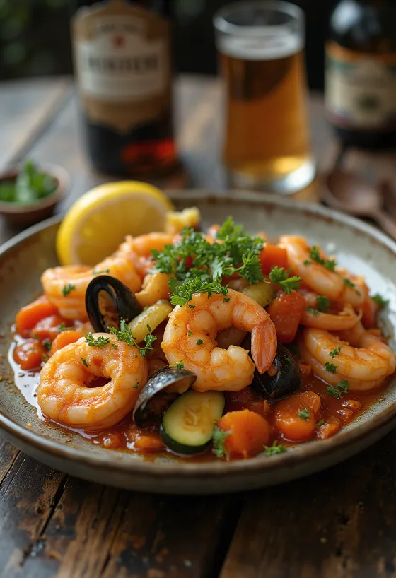 Tajine classico ai frutti di mare, servito con ricche verdure e spezie fresche