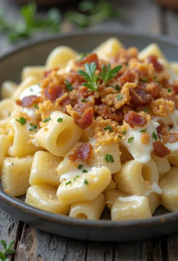 Pasta con ricotta e ciccioli cosparsa di ciccioli, servita con aneto fresco