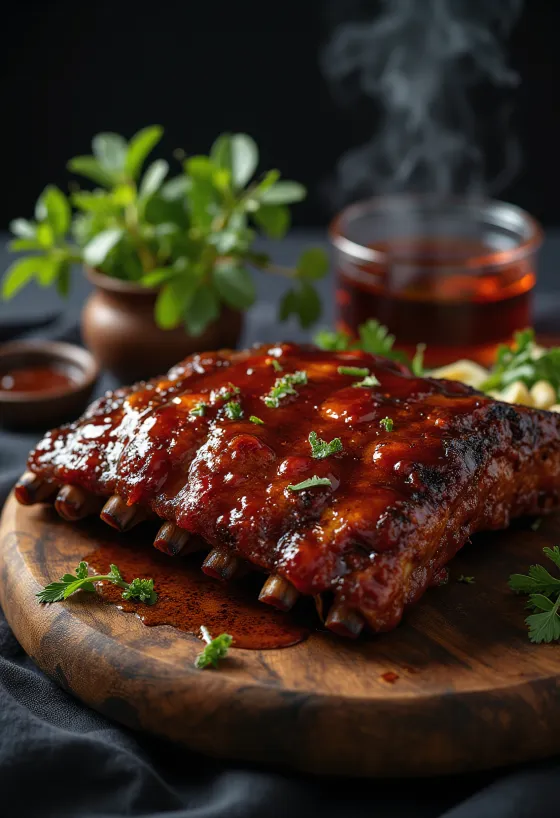Costine BBQ servite con patate al forno e insalata fresca