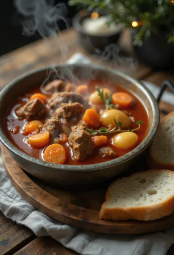 Goulash al paiolo affumicato, servito riccamente con pane fresco