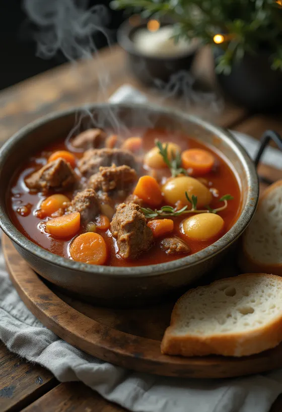 Goulash al paiolo affumicato, servito riccamente con pane fresco