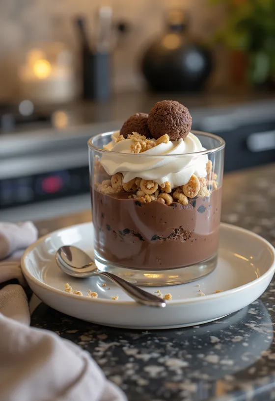Crema al cioccolato in bicchiere con palline servita fredda