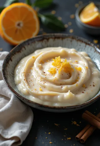 Salsa cremosa bianca al cocco con scorza d'arancia e cannella