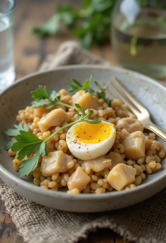 Insalata di farro con melanzane arrosto e tahina, cosparsa di prezzemolo fresco