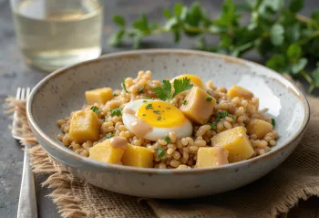 Insalata di farro con melanzane arrosto e tahina, cosparsa di prezzemolo fresco